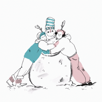 Three People Hugging Snowman Wearing Hats GIF
