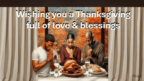 Three People Praying At A Table With A Turkey On It GIF