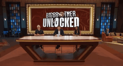 Three People Sitting At Big Brother Banner GIF