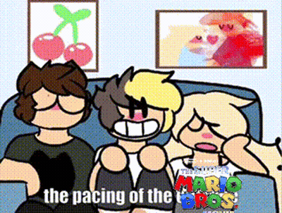 Three People Sitting On Couch With Mario Bros Pacing GIF