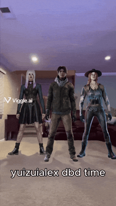 Three People Standing In A Living Room With The Words Yuizuialex Dbd Time On The Bottom Right GIF