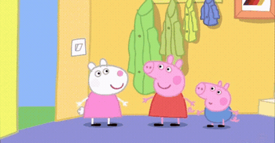 Three Peppa Pigs Standing In Hallway GIF