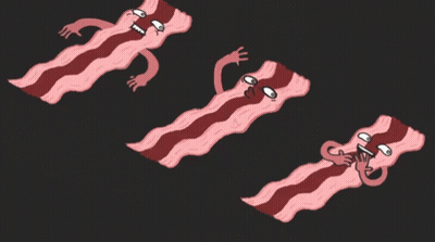 Three Pieces Of Bacon With Arms And Faces On Them GIF