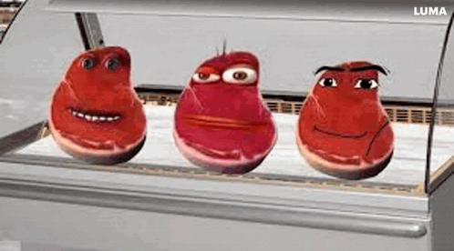 Three Pieces Of Meat With Faces In Refrigerator GIF