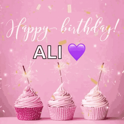 Three Pink Cupcakes On A Pink Background With The Name Ali GIF
