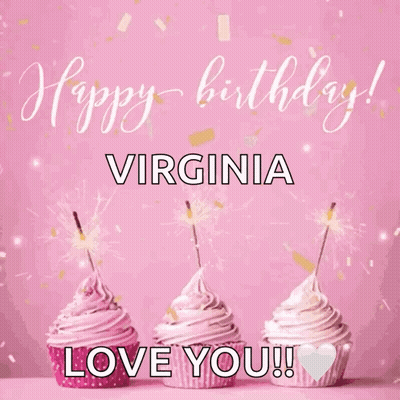 Three Pink Cupcakes With Sparklers Saying Happy Birthday Virginia Love You GIF
