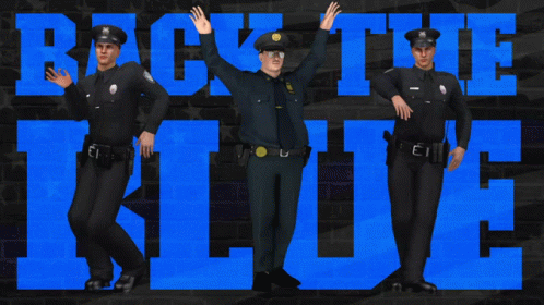Three Police Officers Are Standing In Front Of A Blue Background That Says Back The Blue GIF