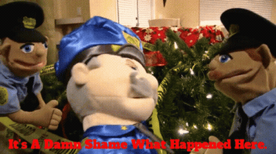 Three Police Puppets In Front Of Christmas Tree Saying It Damn Shame What Happened Here GIF