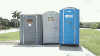 Three Portable Toilets Lined Up One Says Ross GIF