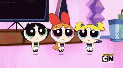 Three Powerpuff Girls Standing On Pink Floor GIF