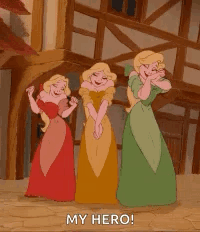 Three Princesses From Beauty And The Beast Are Standing Next To Each Other In Front Of A Wooden Building . GIF