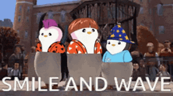 Three Pudgy Penguins Smile And Wave  GIF