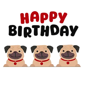 Three Pug Dogs Are Sitting In Front Of The Words Happy Birthday Sticker