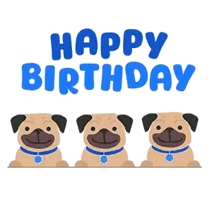 Three Pug Dogs With Blue Collars Are Standing In Front Of The Words Happy Birthday Sticker
