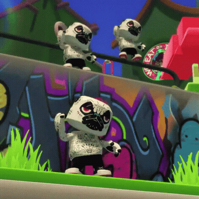 Three Pugs By Graffiti Wall With Sweat Sign GIF