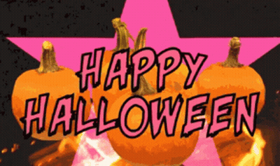 Three Pumpkins in Front of Pink Star Saying Happy Halloween