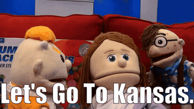 Three Puppet Characters Sitting On Red Couch Saying Let's Go To Kansas GIF