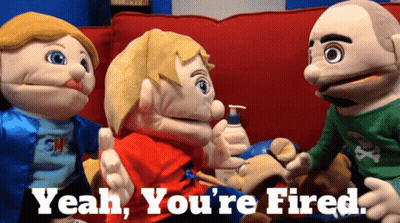 Three Puppets Are Sitting On A Red Couch With The Words Yeah You 'Re Fired Above Them GIF