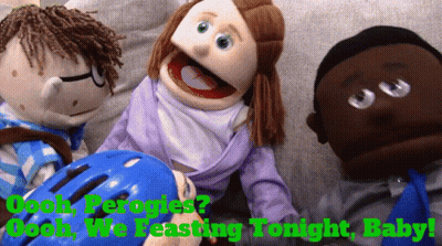 Three Puppets Laying On Couch Saying Oooh Perogies Oooh We Beashing Tonight Baby GIF
