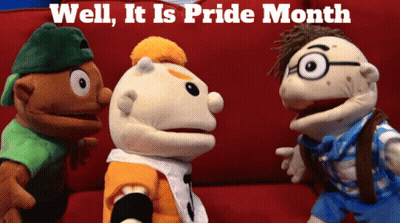 Three Puppets With Pride Month Text GIF
