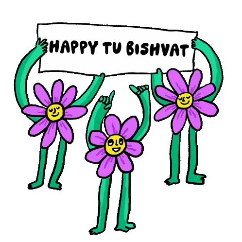 Three Purple Flowers With Green Arms And Legs Holding A Sign That Says Happy Tu Ishvat Sticker