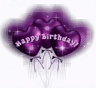 Three Purple Heart Shaped Balloons With The Words `` Happy Birthday '' Written On Them GIF