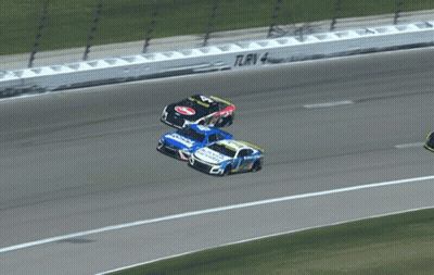 Three Race Cars On Track With TLrv 4 Barrier GIF