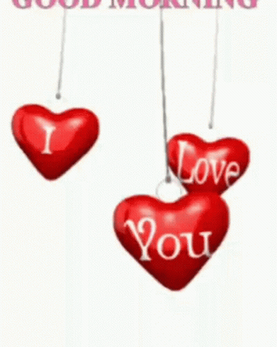 Three Red Hearts That Say I Love You Hanging From A String GIF