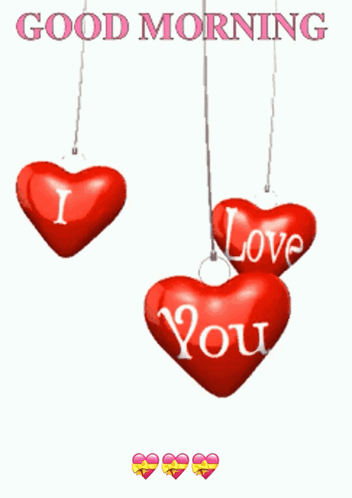Three Red Hearts With The Words " I Love You " Hanging From A String GIF