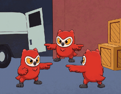 Three Red Owls Dancing In Warehouse GIF