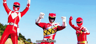 Three Red Power Rangers With Arms Raised Rangers Forever GIF