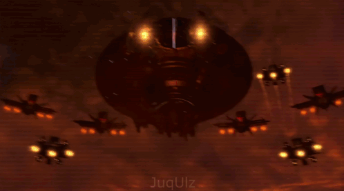 Three Robots Are Standing In Front Of A Fire With The Letters Juqulz On The Bottom Right GIF
