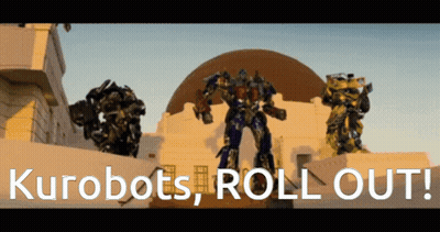 Three Robots In Front Of Building Kurobots Roll Out GIF