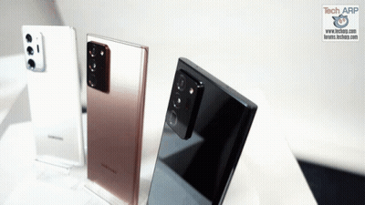 Three Samsung Phones Are Displayed On A Table With A Tech Arp Logo In The Corner GIF
