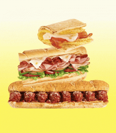 Three Sandwiches Are Stacked On Top Of Each Other Including Meatballs And Eggs GIF