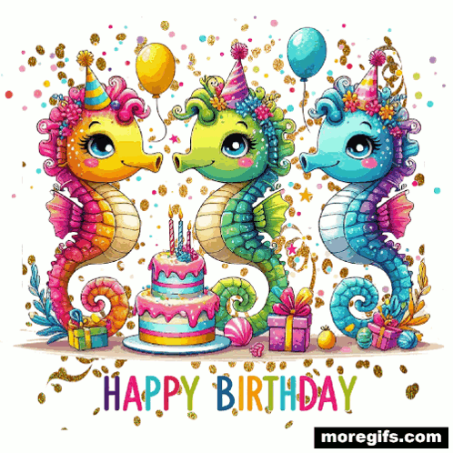 Three Seahorses Are Celebrating Their Birthday With A Cake And Presents GIF