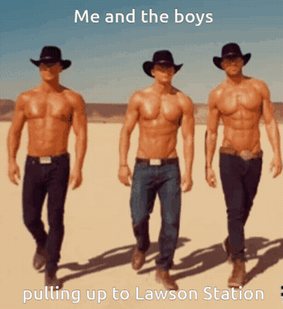 Three Shirtless Men In Cowboy Hats Walking In Desert GIF