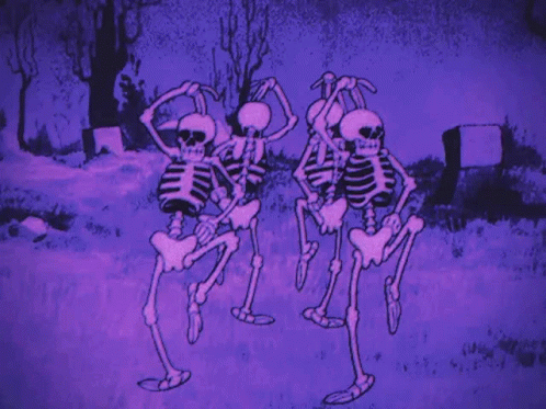 Three Skeletons Are Dancing In A Cemetery In A Purple Background . GIF