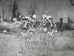 Three Skeletons Are Dancing In A Cemetery With The Words `` Happy Halloween '' . GIF