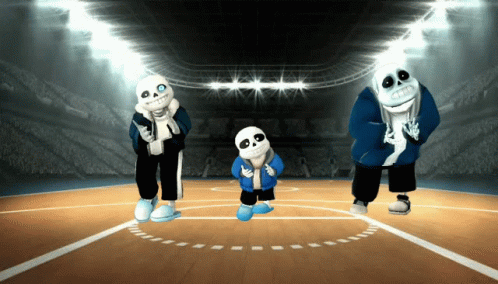 Three Skeletons Are Dancing On A Basketball Court In Front Of A Crowd GIF