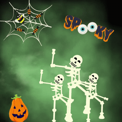 Three Skeletons Standing Next To Pumpkin And Spider Web Saying Spooky GIF