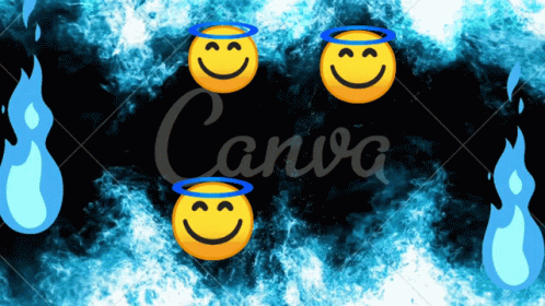 Three Smiley Faces With Blue Haloes On A Black Background With The Word Canva In The Corner GIF