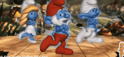 Three Smurfs Are Running On A Wooden Floor In A Video Game GIF