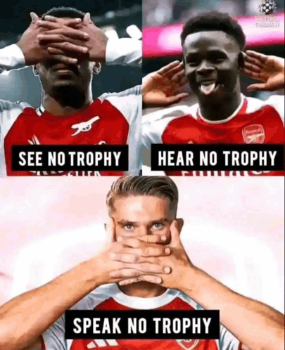 Three Soccer Players Are Covering Their Eyes And Mouths With Their Hands And The Words See No Trophy Hear No Trophy And  GIF