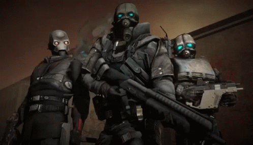 Three Soldiers With Gas Masks And Guns Standing Together GIF