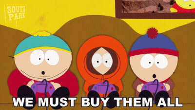 Three South Park Characters Are Playing A Video Game With The Words We Must Buy Them All Below Them GIF