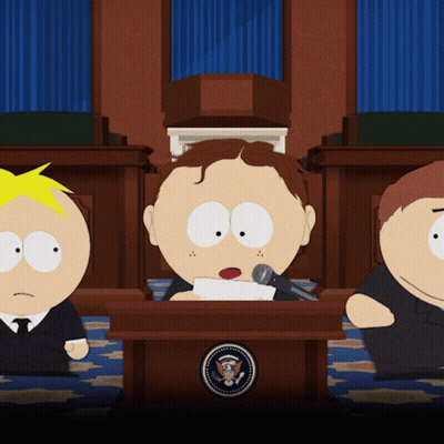 Three South Park Characters Are Sitting At A Podium With The Seal Of The President GIF