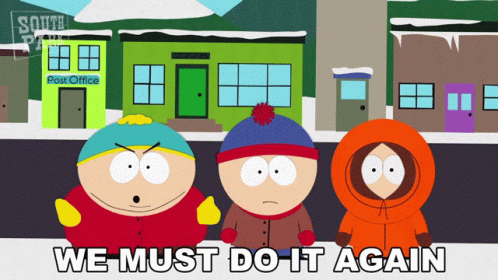 Three South Park Characters Are Standing In Front Of A Green Post Office GIF