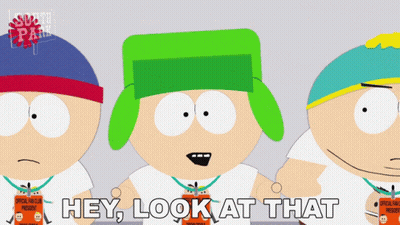Three South Park Characters Are Standing Next To Each Other And One Of Them Is Wearing A Lanyard That Says Hey Look At T GIF