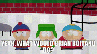 Three South Park Characters Are Standing Next To Each Other With The Words " What Would Brian Boitano Do " Written Above GIF